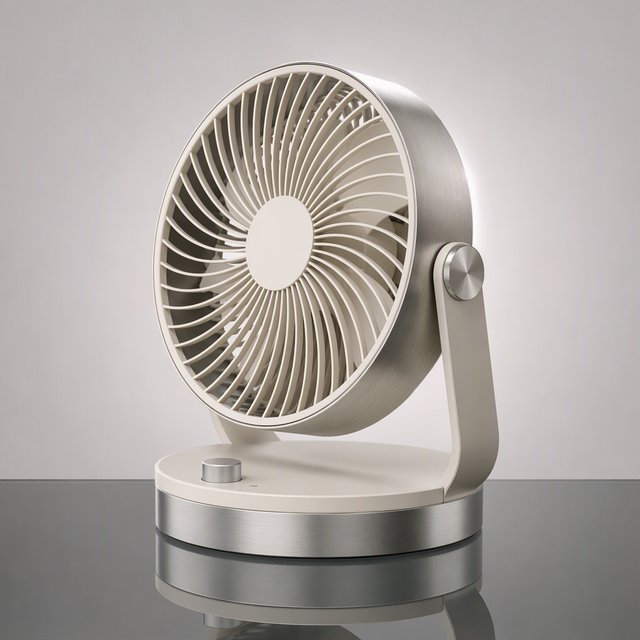Commercial product photograph of an unbranded desktop fan made from brushed aluminum and matte ivory polymer, resting on a smoked glass surface against a pale gray background, illuminated by broad diffused studio light and a soft rear rim light. — GPT Image 2