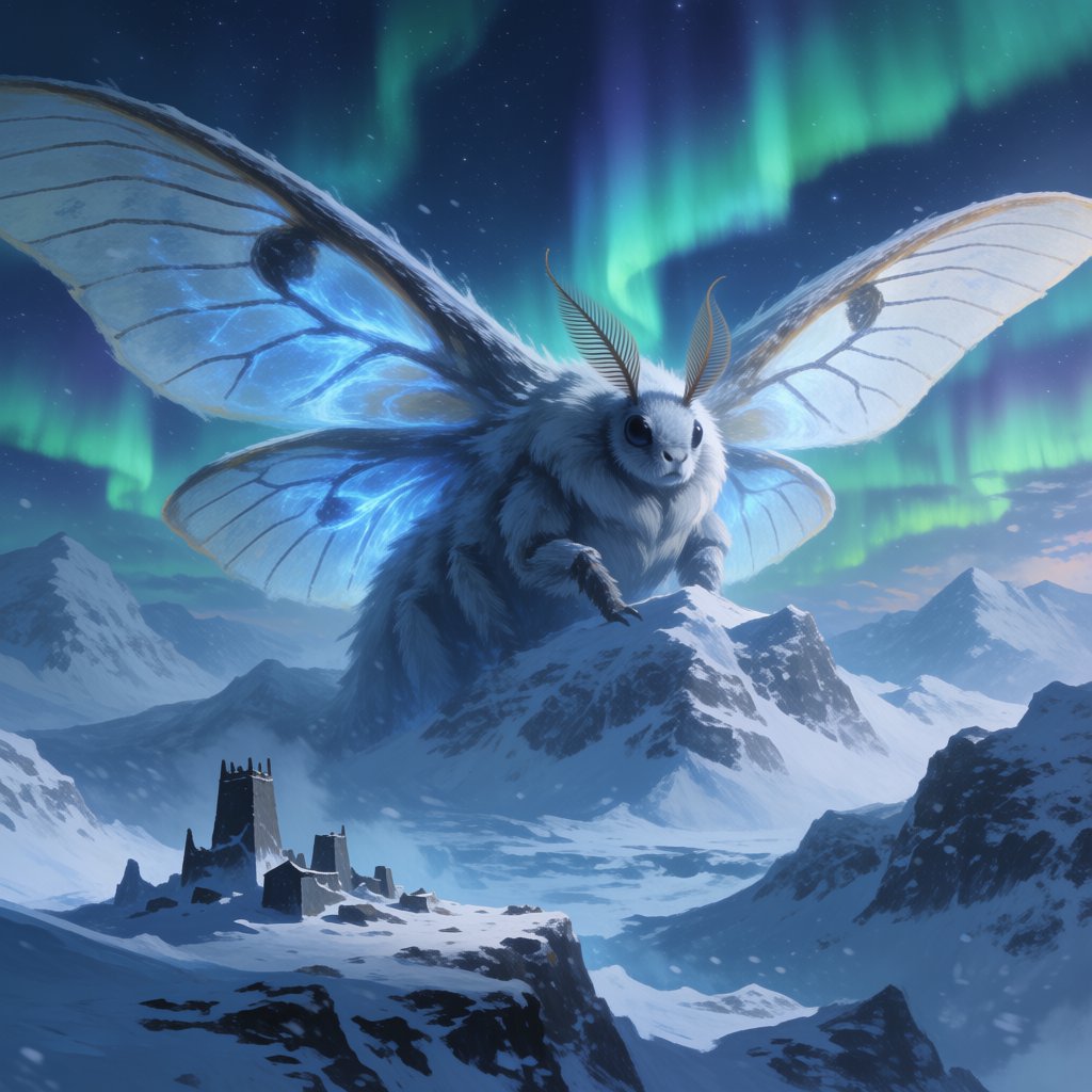 A colossal moon-moth leviathan rests atop a snowbound mountain ridge, its translucent wings veined with blue fire and its fur silvered by frost. Tiny abandoned watchtowers below emphasize its immense scale beneath an aurora-filled sky. — Krea 2 Medium