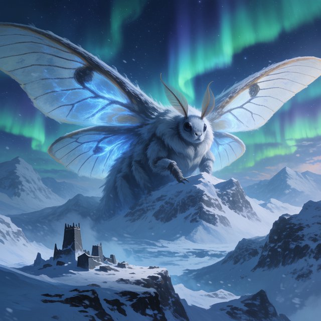 A colossal moon-moth leviathan rests atop a snowbound mountain ridge, its translucent wings veined with blue fire and its fur silvered by frost. Tiny abandoned watchtowers below emphasize its immense scale beneath an aurora-filled sky. — Krea 2 Medium