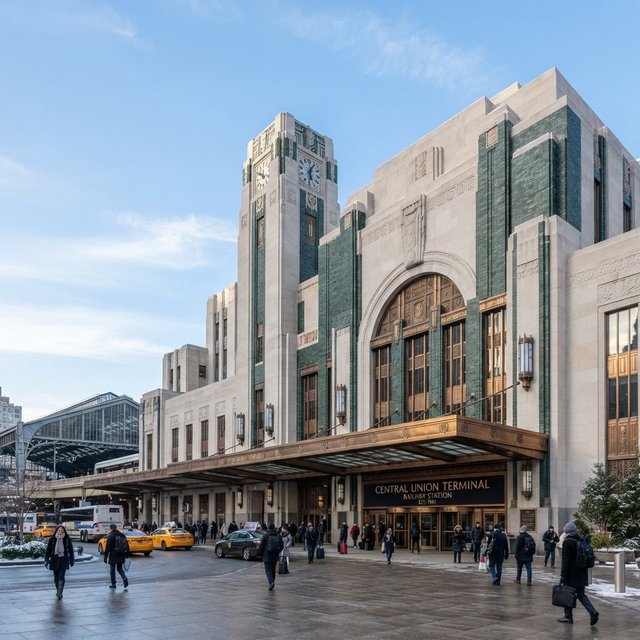 Exterior of an Art Deco railway terminal in pale limestone and dark green glazed brick, with stepped massing, bronze-framed windows, and a broad canopy; clear winter morning light, viewed from the station forecourt, precise lines and credible structure. — Nano Banana 2 Lite