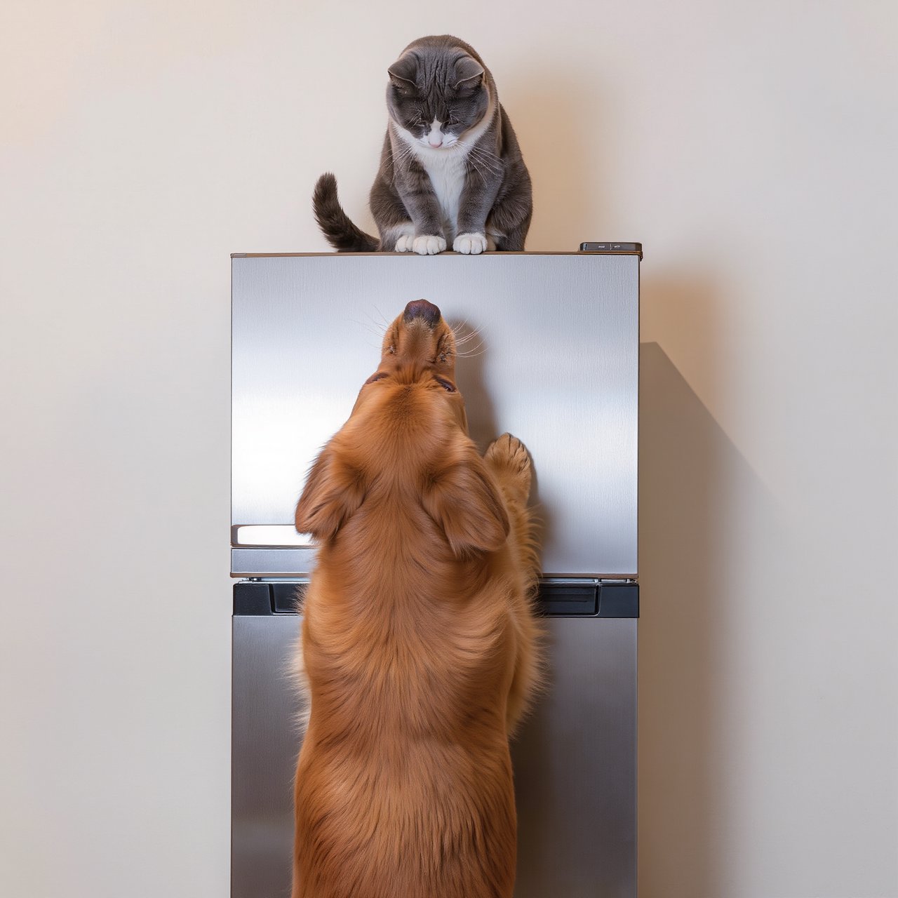 A cat sits on the top of a refrigerator calmly looking down at a barking dog. The dog is on his hind legs leaning on the fridge barking at the cat. — Kling v3