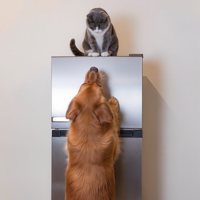 A cat sits on the top of a refrigerator calmly looking down at a barking dog. The dog is on his hind legs leaning on the fridge barking at the cat. — Kling v3