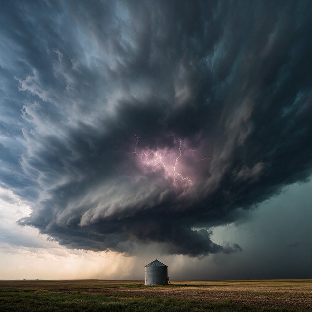 A supercell thunderstorm over flat farmland, lightning inside the cloud, a lone grain silo, dramatic but realistic. — Seedream 5.0 Pro