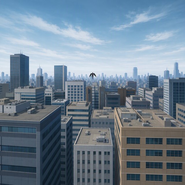 Clean cel-shaded painted cityscape, wide high-angle elevated rooftop level shot looking out over dense modern downtown office buildings, small dark winged figure hovering above central midground rooftops, pale overcast deep blue sky with wispy white clouds, diffused even daylight lighting with soft subtle ambient shadows, muted cool grey, beige, blue building facades with uniform office windows, flat concrete building rooftops, receding hazy distant city skyline with atmospheric perspective, eye level relative to building tops, no outlines, smooth flat color rendering, no grain. — GPT Image 2