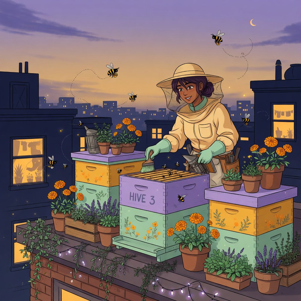 Cel-shaded anime illustration of an adult rooftop beekeeper tending lively hives among marigolds and herbs at dusk, with bees drifting past distant windows. Palette of saffron, violet, mint, and midnight blue, crisp contours and gentle gradients. — Grok Imagine Image Quality