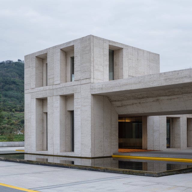 Exterior of a compact brutalist art museum, pale board-formed concrete, deep rectangular window recesses, a broad cantilevered entrance canopy, low reflecting pool, overcast afternoon light, viewed from a quiet plaza at eye level, crisp orthogonal architectural photography. — Krea 2 Large