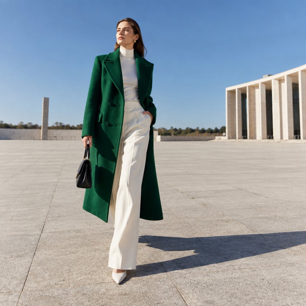 Full-length fashion editorial: model in a structured emerald wool coat and white trousers walking across a wide empty plaza, harsh midday sun, long shadow. — GPT Image 2.5 Sunburst