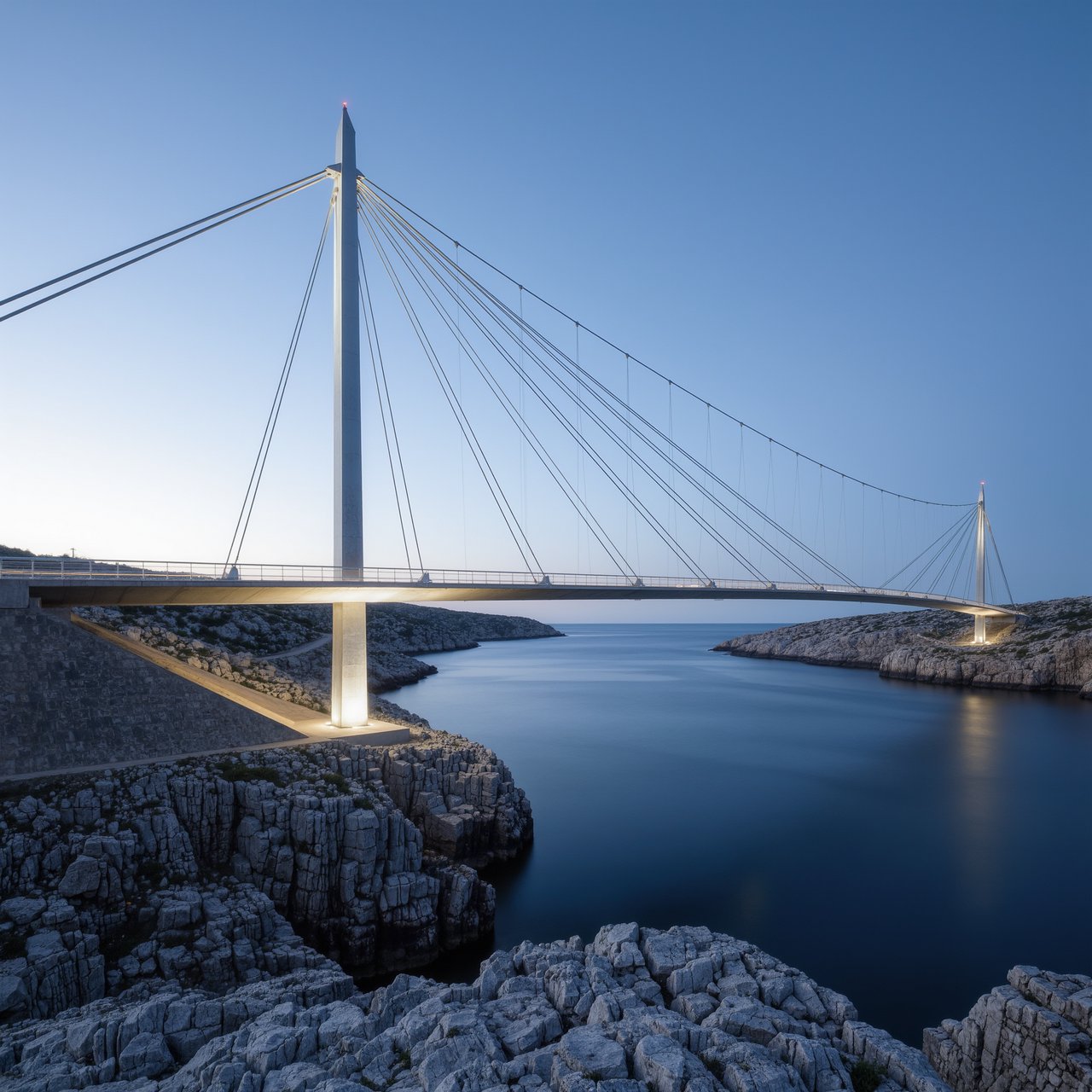Across a sheltered coastal inlet, a contemporary high-tech cable-stayed bridge spans between granite shores, its slender steel pylons and pale concrete deck catching cool sunrise light; viewed from a rocky bank, straight lines and credible engineering define the scene. — Kling v3 Omni