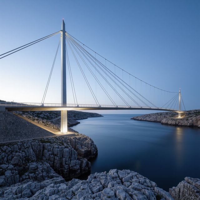 Across a sheltered coastal inlet, a contemporary high-tech cable-stayed bridge spans between granite shores, its slender steel pylons and pale concrete deck catching cool sunrise light; viewed from a rocky bank, straight lines and credible engineering define the scene. — Kling v3 Omni
