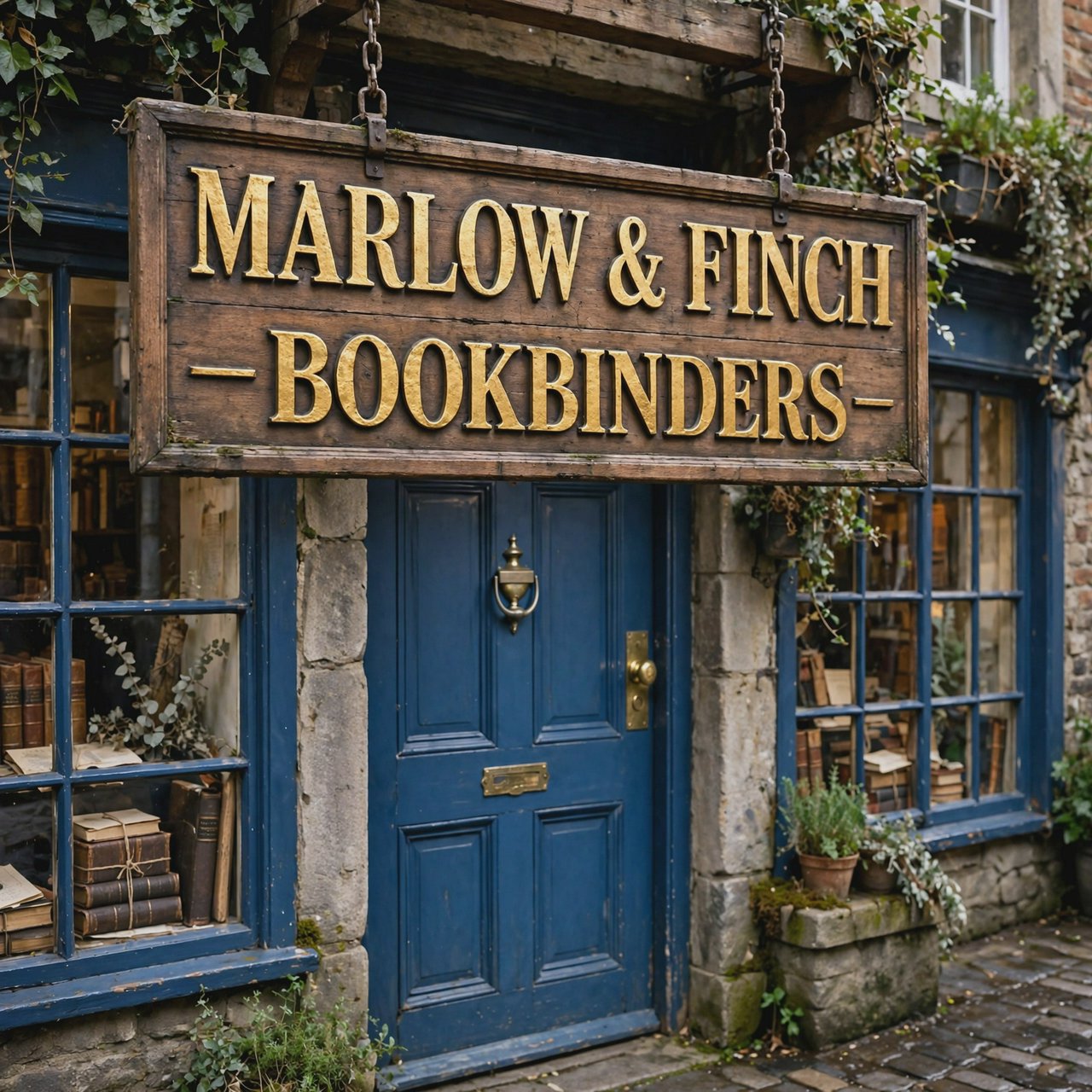 A hanging wooden shop sign that reads "MARLOW & FINCH — BOOKBINDERS" in gold serif letters, carved, above a blue door. — Muse Image 1.0