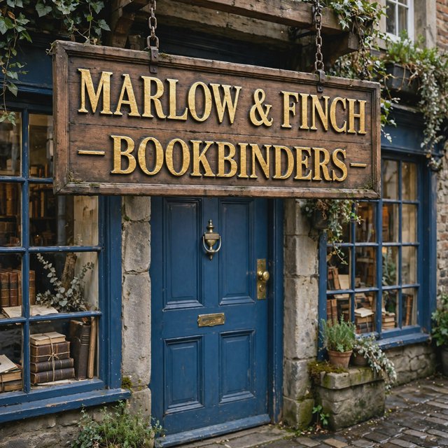 A hanging wooden shop sign that reads "MARLOW & FINCH — BOOKBINDERS" in gold serif letters, carved, above a blue door. — Muse Image 1.0