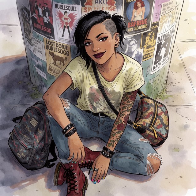 Realistic India ink illustration with crisp black lines, realistic anatomy and proportions, and watercolor fills; black ink outlines remain visible. Full-length, overhead view. A Latina woman sits on the pavement with her back against an enormous, thick round downtown pillar covered in posters for bands, art shows, burlesque, and a lost dog. One hand rests on the pavement, the other on an ankle. She tilts her head back, looking up at the viewer with a confident smile. Character: 25-year-old woman, medium-brown skin, slim build, edgy punk/goth appearance. Black asymmetrical undercut, right side shaved, longer top brushed across forehead, short messy ponytail. Sharp features, arched brows, brown almond-shaped eyes, heavy eyeliner, dark burgundy lipstick, six ear piercings. Each fingernail a different color. Loose pale-yellow graphic T-shirt, ripped blue jeans, dark red combat boots. Full left-arm sleeve tattoo of vines, leaves, and red roses. Thick black leather bracelets on both wrists. — Krea 2 Medium