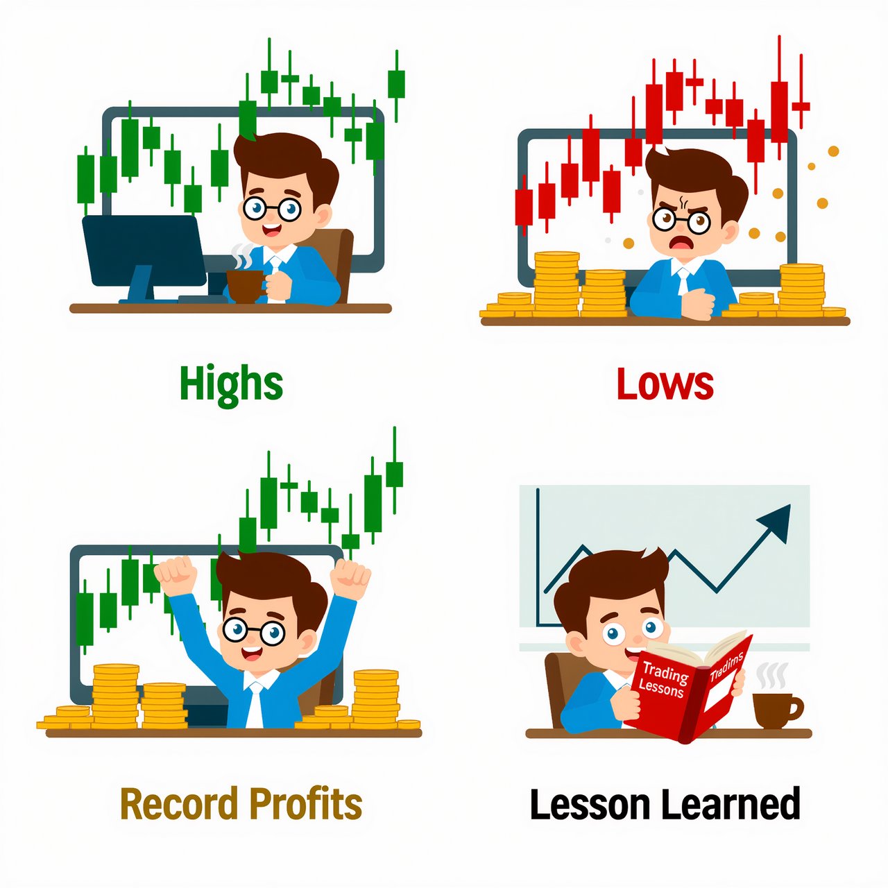An image depicting the highs and lows of trading, in at least four panels. It ends with a very green day, record profits, and a lesson. — Kling v3 Omni