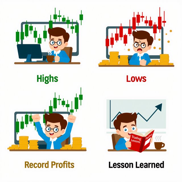An image depicting the highs and lows of trading, in at least four panels. It ends with a very green day, record profits, and a lesson. — Model 10