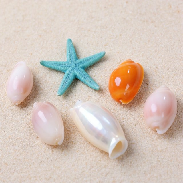 Exactly five seashells lie on pale sand: two pink shells on the left, one white shell in the center, and two orange shells on the right. A turquoise starfish sits above the center shell, nothing else. — Krea 2 Large