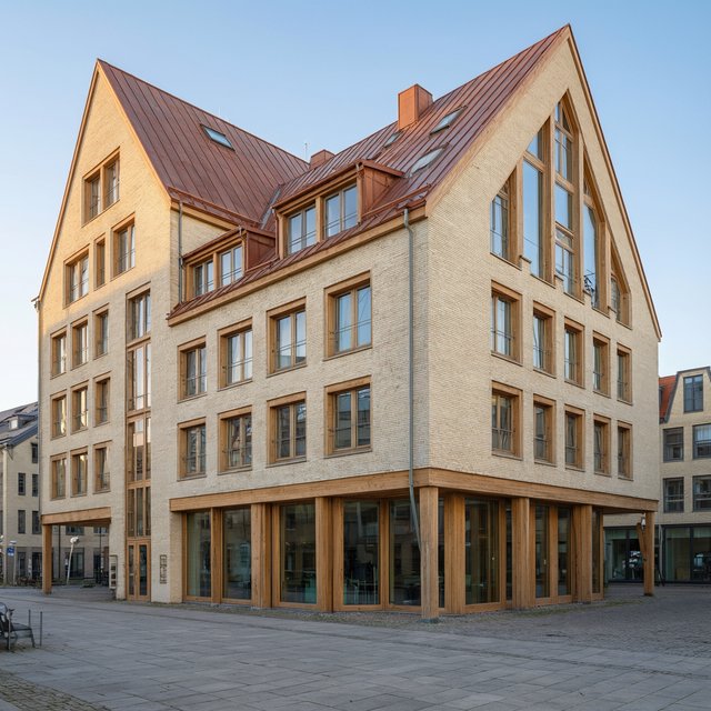 A riverside public library in contemporary Nordic brick architecture combines pale buff brick, oak-framed glazing, and a copper roof; cool morning light grazes its elevations, viewed from across the promenade, with straight lines and credible supports. — Model 18