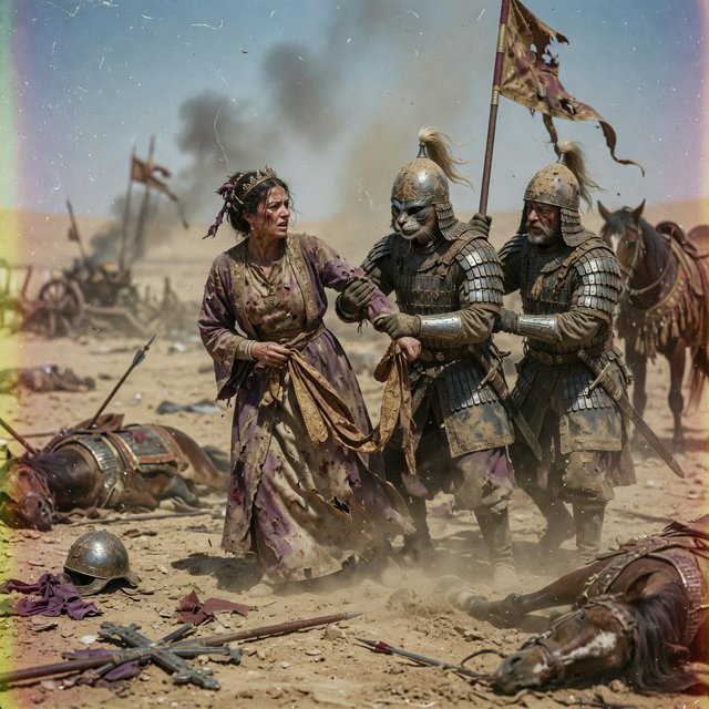 Film capture. Cinematic scene of the Byzantine empress being captured by Sassanid cataphracts. Harsh desert lighting. Shallow depth of field. The image takes place in the aftermath of a battle. All of the subjects are dusty and disheveled. — Grok Imagine Image Quality