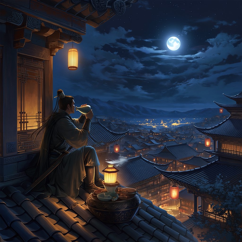 A lone Chinese swordsman sits on a tiled rooftop in ancient China at night, gazing over a lantern-lit city while drinking from a ceramic wine flask, moonlight bathing the quiet scene. — Midjourney Niji 7