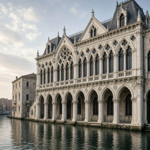 Exterior of a Venetian Gothic opera house beside a quiet canal, pale Istrian limestone, pointed arches, quatrefoil tracery, and a steep slate roof; cool morning light, viewed from across the water, crisp masonry lines and believable structure. — Grok Imagine Image 2