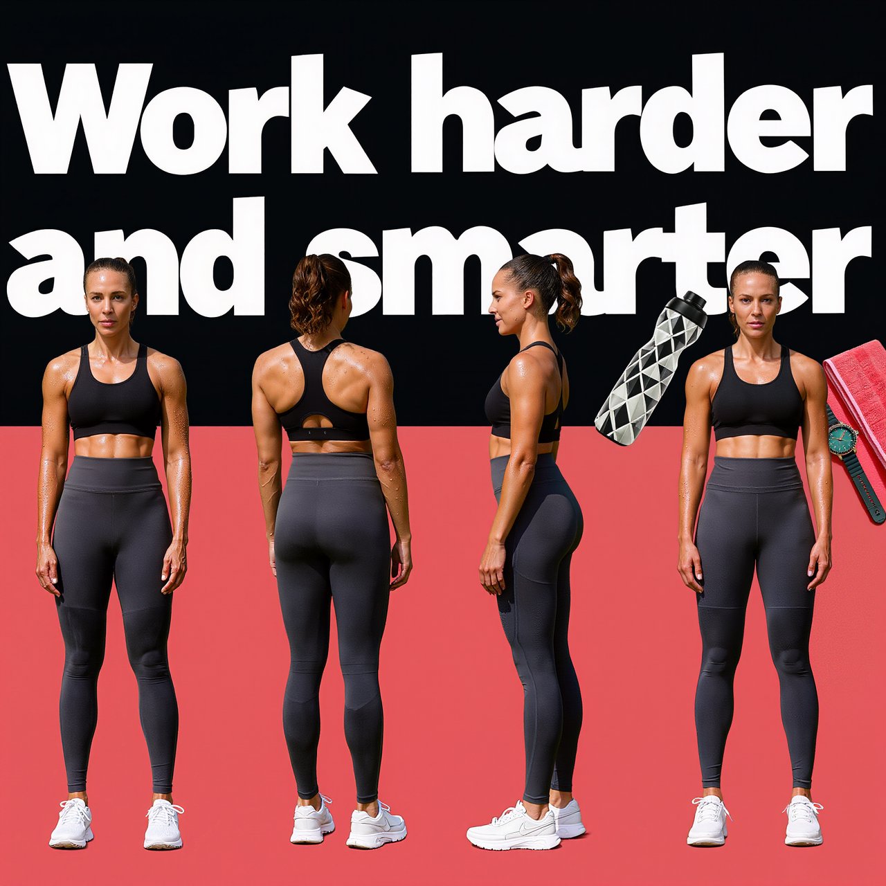 A pretty adult mixed-race woman of Korean and Black heritage, wearing fitted gym wear. Scene: a heavy workout with sweat. POV: full front, back, side, and aerial views. Near her are a unique-looking water bottle, a diamond green watch, a pink and red towel, and text in the background that says “Work harder and smarter”. — Kling v3
