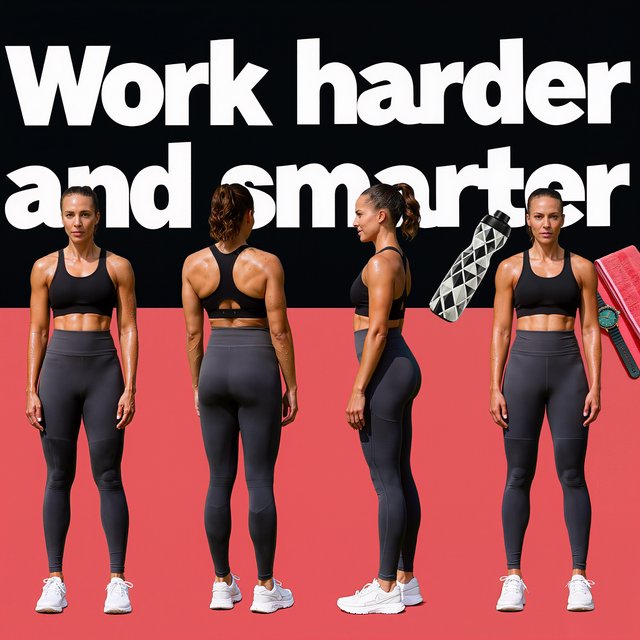 A pretty adult mixed-race woman of Korean and Black heritage, wearing fitted gym wear. Scene: a heavy workout with sweat. POV: full front, back, side, and aerial views. Near her are a unique-looking water bottle, a diamond green watch, a pink and red towel, and text in the background that says “Work harder and smarter”. — Model 8