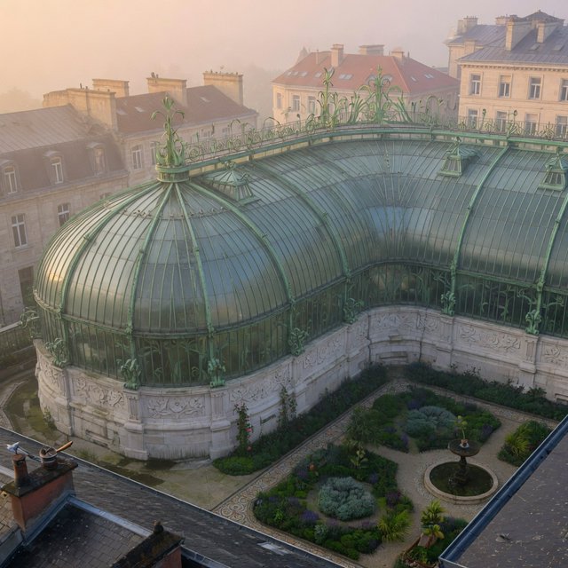 From a nearby rooftop, an Art Nouveau conservatory curves around a planted courtyard, its green copper ribs, clear glass, and pale stone base catching hazy morning light; orderly rooflines and believable supports show from above. — Grok Imagine Image Quality