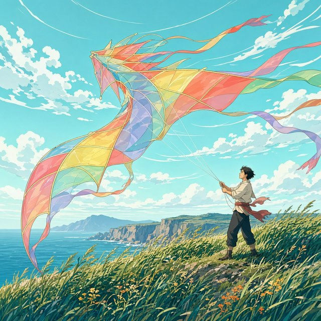 Cel-shaded anime illustration of an adult kite maker testing a vast translucent dragon-shaped kite on a windy coastal bluff, ribbons streaming above wild grasses and distant cliffs. Palette of coral, turquoise, butter yellow, and deep blue, with clean contours and a luminous sky. — Grok Imagine Image 2