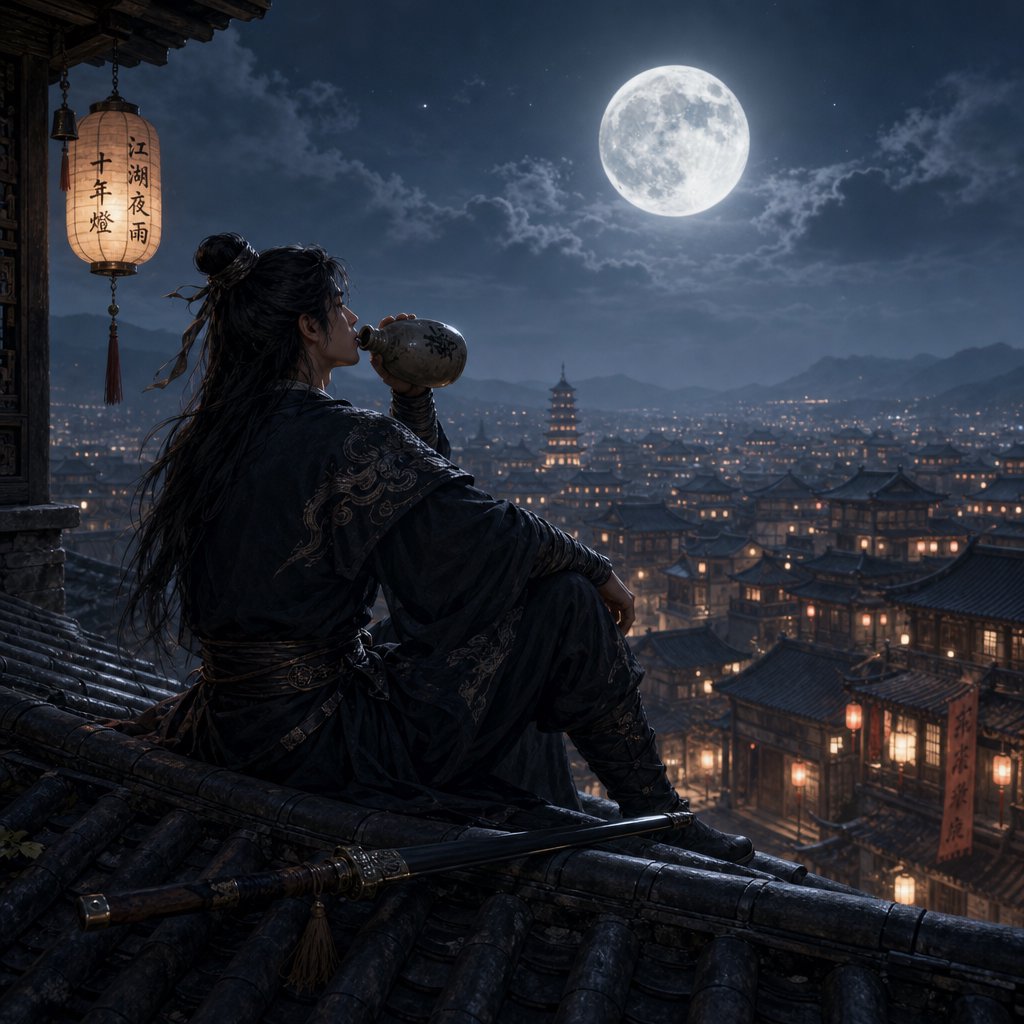 A lone Chinese swordsman sits on a tiled rooftop in ancient China at night, gazing over a lantern-lit city while drinking from a ceramic wine flask, moonlight bathing the quiet scene. — GPT Image 2