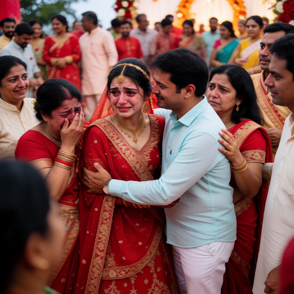 A realistic scene of an Indian wedding showing the emotions of the adult bride and her adult family members — Krea 2 Medium