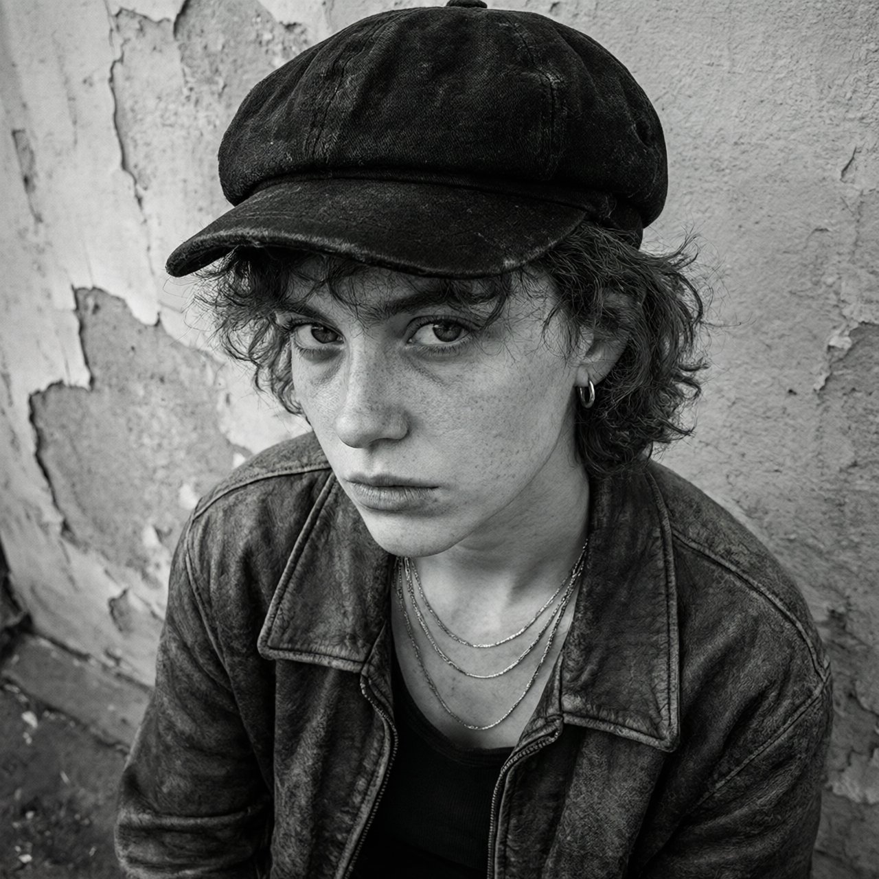 A monochrome, grainy, photorealistic medium close-up shot from a high angle: a young woman with messy, short curls, fair, freckled skin, and an intense, direct gaze into the camera. She is wearing a faded, worn-in black flat cap, a distressed vintage leather jacket over a dark undershirt, several thin silver chains, and a small hoop earring. Soft, diffused side lighting from the left casts gentle shadows across her face. In the background, a weathered wall with peeling plaster. Shallow depth of field, a moody, gritty film aesthetic, and sharp focus on the subject's eyes. — Qwen Image 3.0 Pro