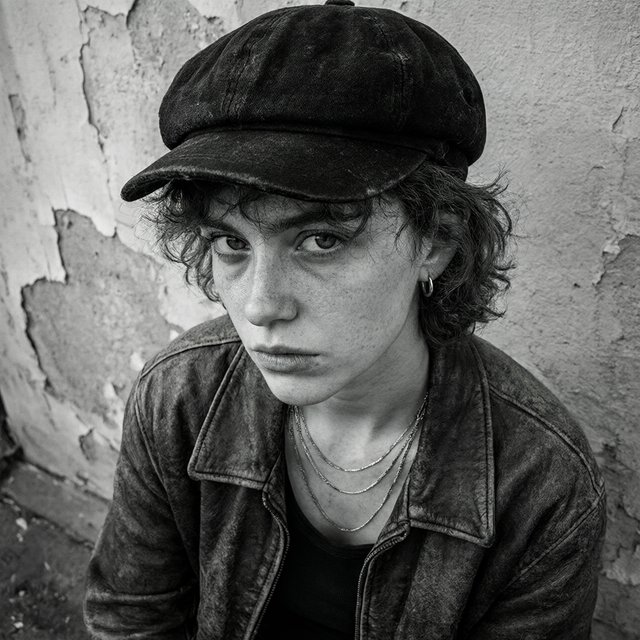 A monochrome, grainy, photorealistic medium close-up shot from a high angle: a young woman with messy, short curls, fair, freckled skin, and an intense, direct gaze into the camera. She is wearing a faded, worn-in black flat cap, a distressed vintage leather jacket over a dark undershirt, several thin silver chains, and a small hoop earring. Soft, diffused side lighting from the left casts gentle shadows across her face. In the background, a weathered wall with peeling plaster. Shallow depth of field, a moody, gritty film aesthetic, and sharp focus on the subject's eyes. — Qwen Image 3.0 Pro