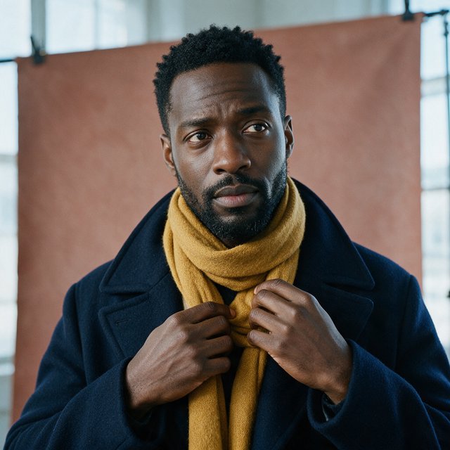 Editorial portrait of an adult Black man in his 30s wearing a deep navy wool overcoat and mustard scarf, fingers adjusting the scarf, thoughtful expression, muted terracotta studio backdrop, crisp cool window light. — Seedream 5.0 Pro