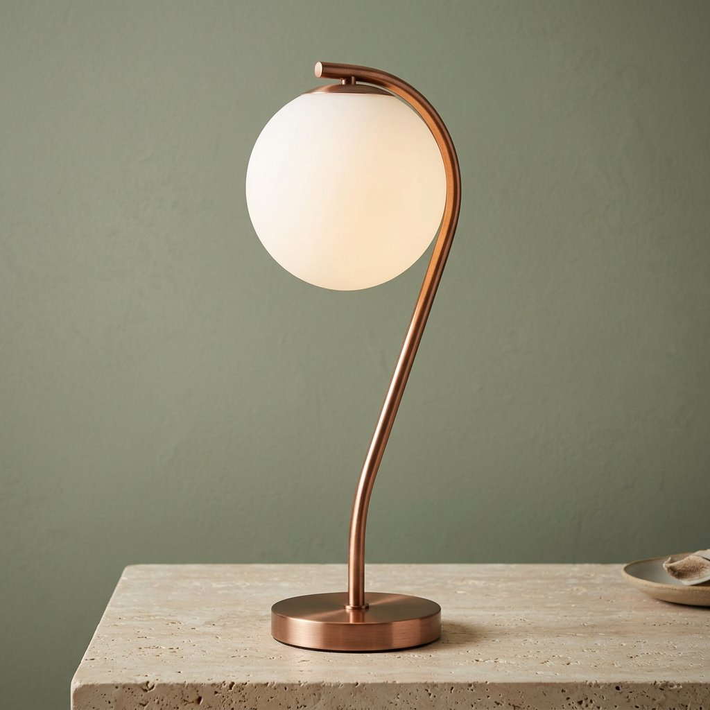 Commercial product photograph of an unbranded sculptural desk lamp with a frosted opal glass globe and brushed copper stem, standing on a pale travertine surface against a muted sage background, illuminated by soft overhead diffusion and a delicate warm rim light. — Nano Banana 2.1