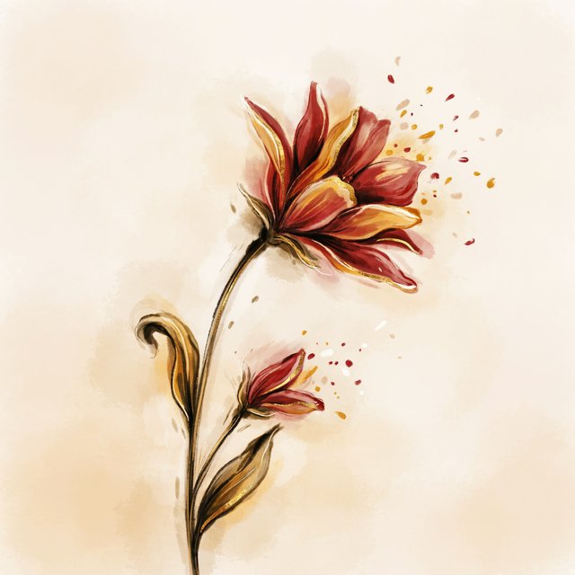 Gently sweeping forms emerge from long, subtle color transitions and soft contours. Bold ink strokes create resilient, confident edges that taper and densify in response to pressure. Raised, polished gold captures directional light in warm, metallic flashes. Luminous, rim-lit gradients blend wet-on-wet into floating patches of color, while a restrained palette of warm ochre, ivory, and deep crimson creates radiant, painterly highlights against a soft, atmospheric background. A flower in the summer wind. — Ideogram v4