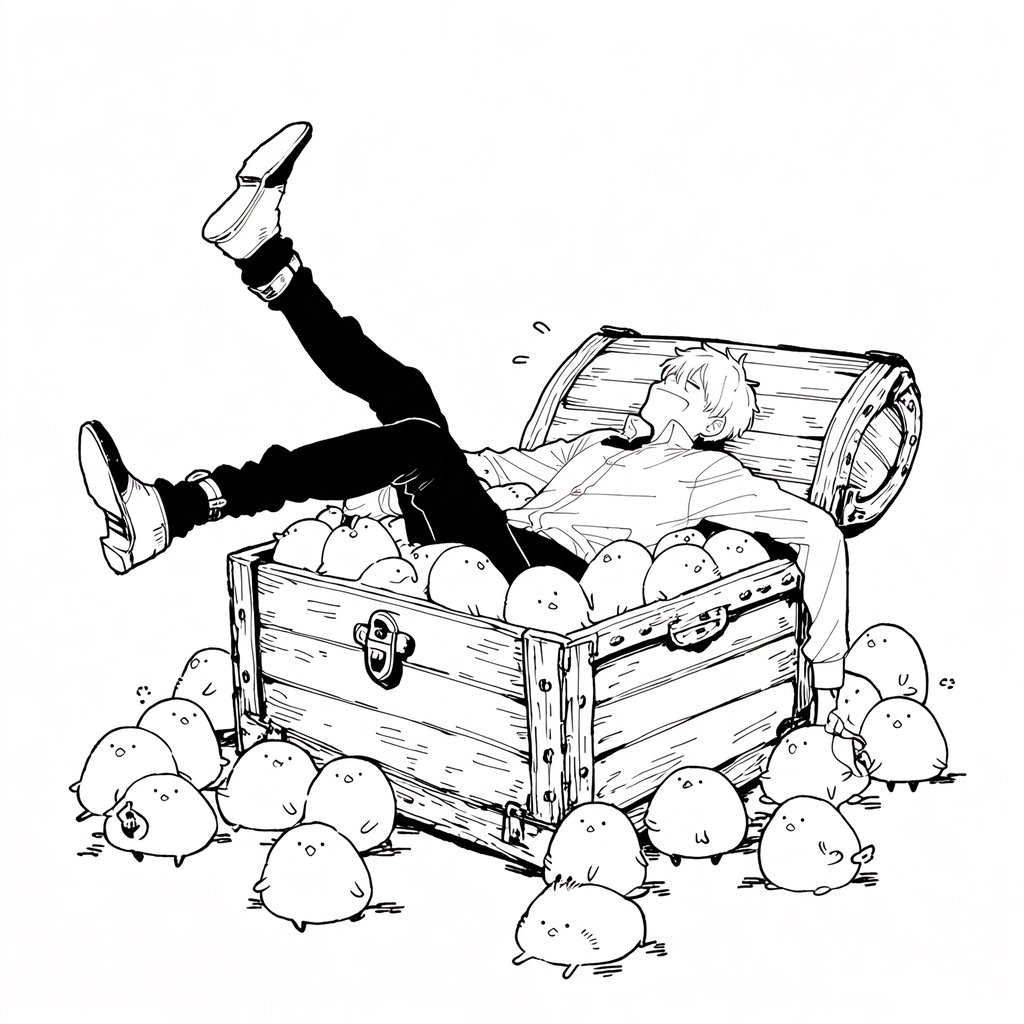 An adult swallowed by an inert mimic chest, with their legs in stockings sticking out of the chest and kicking around. A bunch of envious, cute mimic chests surround it, looking obviously jealous. — Midjourney Niji 7