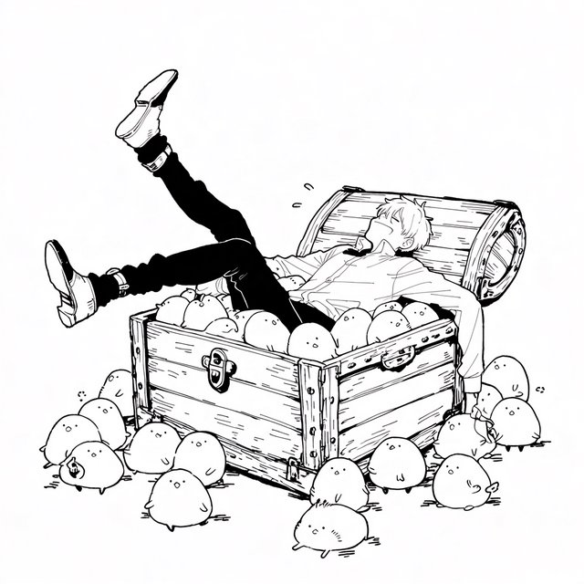 An adult swallowed by an inert mimic chest, with their legs in stockings sticking out of the chest and kicking around. A bunch of envious, cute mimic chests surround it, looking obviously jealous. — Midjourney Niji 7