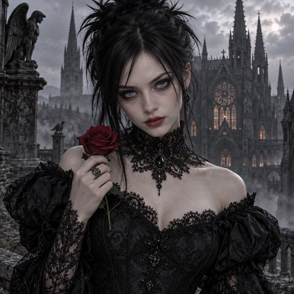 Atmospheric lighting creates soft background gradients through value blending, and surreal dark textures produce cracked surfaces and splatter via organic mark making. The fusion manifests as lace edges, dramatic chiaroscuro, and sharp focal contrast, transforming any subject through meticulous gothic surface modeling. A gothic woman depicted in 2026, with spiky black hair, blue eyes, and pale skin, wearing a black off-shoulder lace dress with a high ornate collar and puffed sleeves, holding a red rose. Close-up at eye level, the woman facing forward with her head slightly tilted, gazing directly at the viewer, holding a red rose in her right hand near her shoulder. Scene set before a gothic cathedral during overcast twilight, with misty atmosphere, featuring tall church spires in the background. — GPT Image 2.5 Sunburst