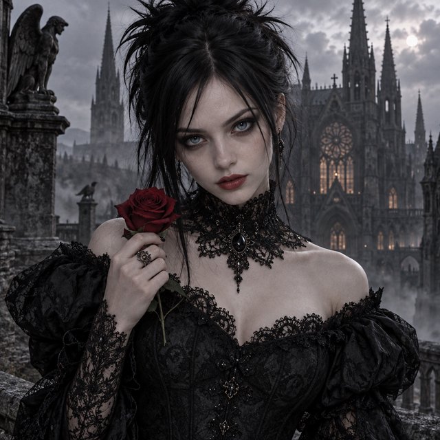 Atmospheric lighting creates soft background gradients through value blending, and surreal dark textures produce cracked surfaces and splatter via organic mark making. The fusion manifests as lace edges, dramatic chiaroscuro, and sharp focal contrast, transforming any subject through meticulous gothic surface modeling. A gothic woman depicted in 2026, with spiky black hair, blue eyes, and pale skin, wearing a black off-shoulder lace dress with a high ornate collar and puffed sleeves, holding a red rose. Close-up at eye level, the woman facing forward with her head slightly tilted, gazing directly at the viewer, holding a red rose in her right hand near her shoulder. Scene set before a gothic cathedral during overcast twilight, with misty atmosphere, featuring tall church spires in the background. — GPT Image 2.5 Sunburst
