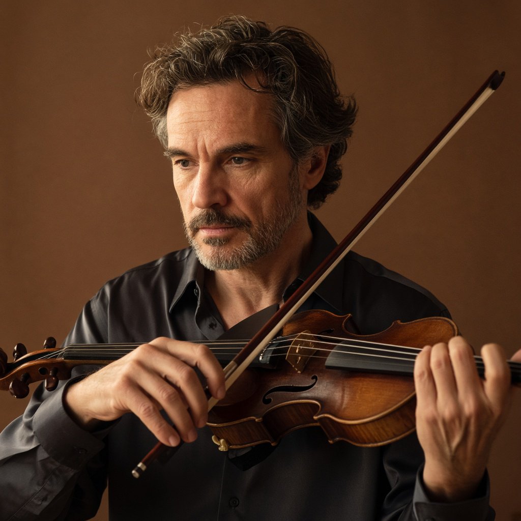 With a violin tucked close, an adult man in his early 50s draws a bow, his hands prominent, wearing a charcoal silk shirt; his intent expression is framed against a warm umber backdrop in soft amber window light, in a close portrait photograph. — Grok Imagine Image 2