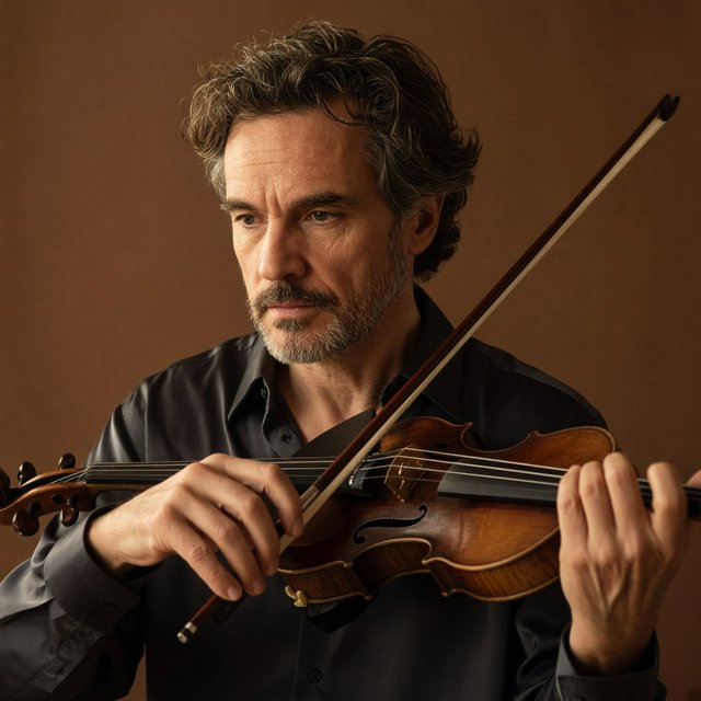 With a violin tucked close, an adult man in his early 50s draws a bow, his hands prominent, wearing a charcoal silk shirt; his intent expression is framed against a warm umber backdrop in soft amber window light, in a close portrait photograph. — Grok Imagine Image 2
