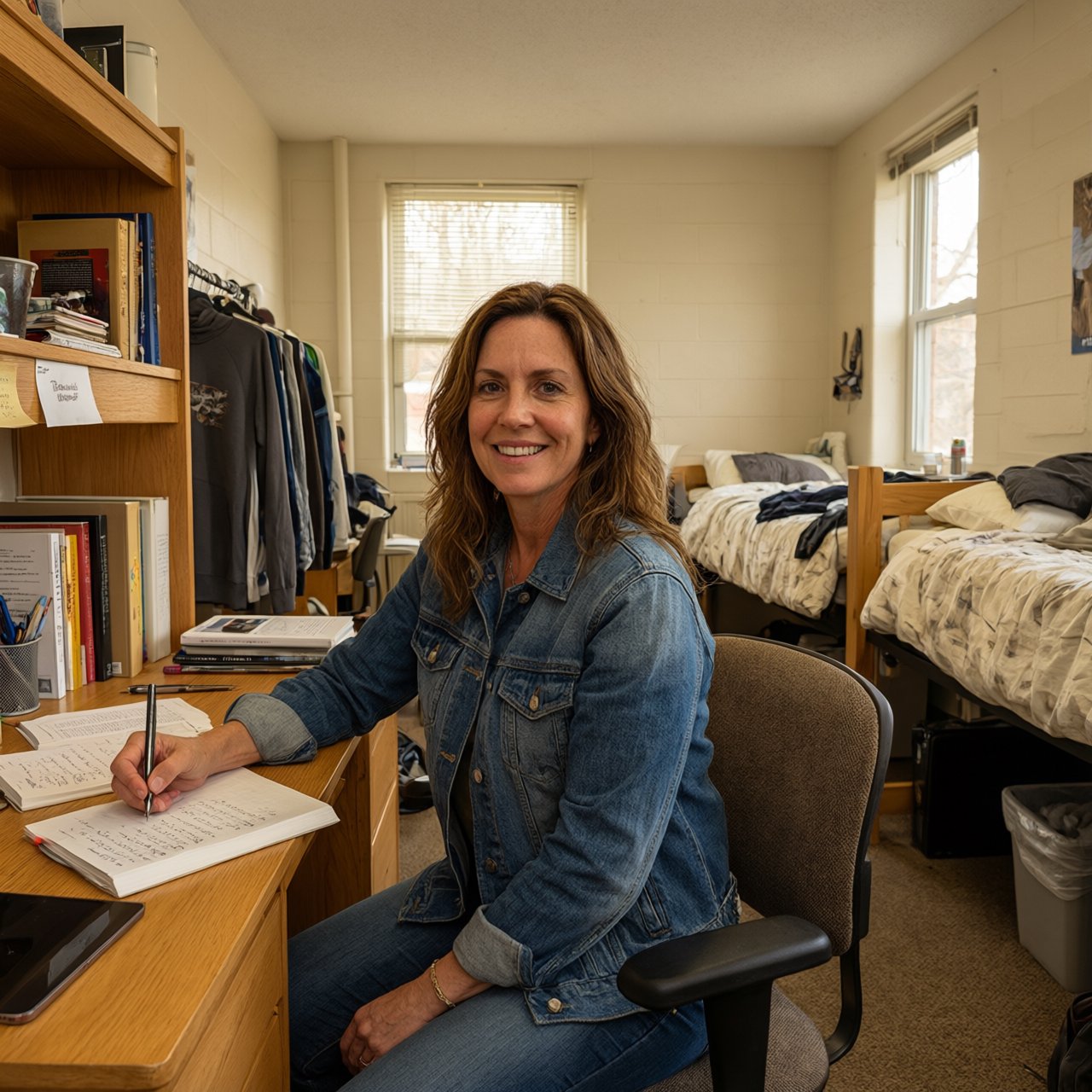 A dorm room belonging to an adult woman, photographed with a cell phone. The camera is sitting on a desk facing the empty chair and the rest of the room. — Qwen Image 3.0 Pro