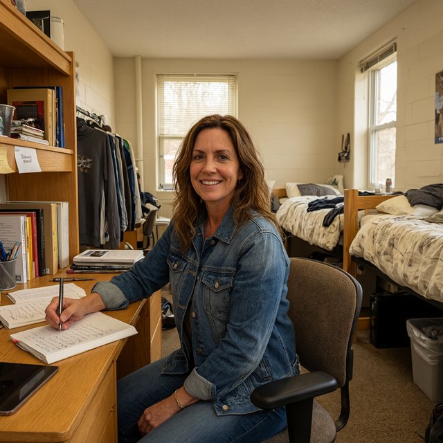 A dorm room belonging to an adult woman, photographed with a cell phone. The camera is sitting on a desk facing the empty chair and the rest of the room. — Qwen Image 3.0 Pro
