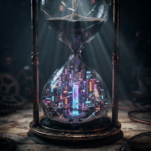 A macro close-up of a miniature glowing cyberpunk city built entirely inside a hollow cracked hourglass, tiny illuminated skyscrapers, flowing neon waterfalls, volumetric light rays piercing through sand, dark moody cinematic lighting, photorealistic depth of field — Nano Banana 2 Lite