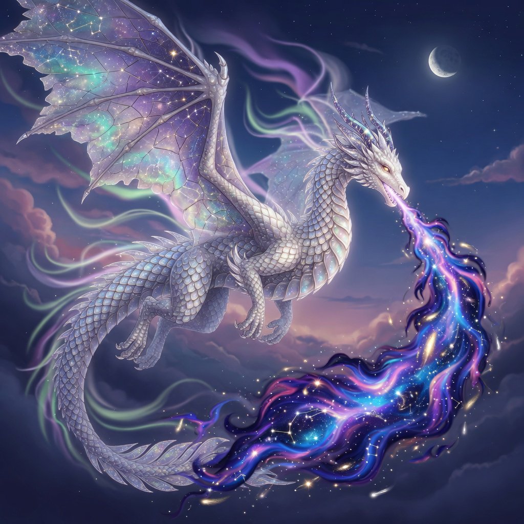A beautiful, ethereal dragon flying through the skies breathing star flames. Detailed scales. — Grok Imagine Image Quality