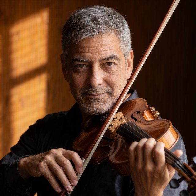 With a violin tucked close, an adult man in his early 50s draws a bow, his hands prominent, wearing a charcoal silk shirt; his intent expression is framed against a warm umber backdrop in soft amber window light, in a close portrait photograph. — Kling v3 Omni