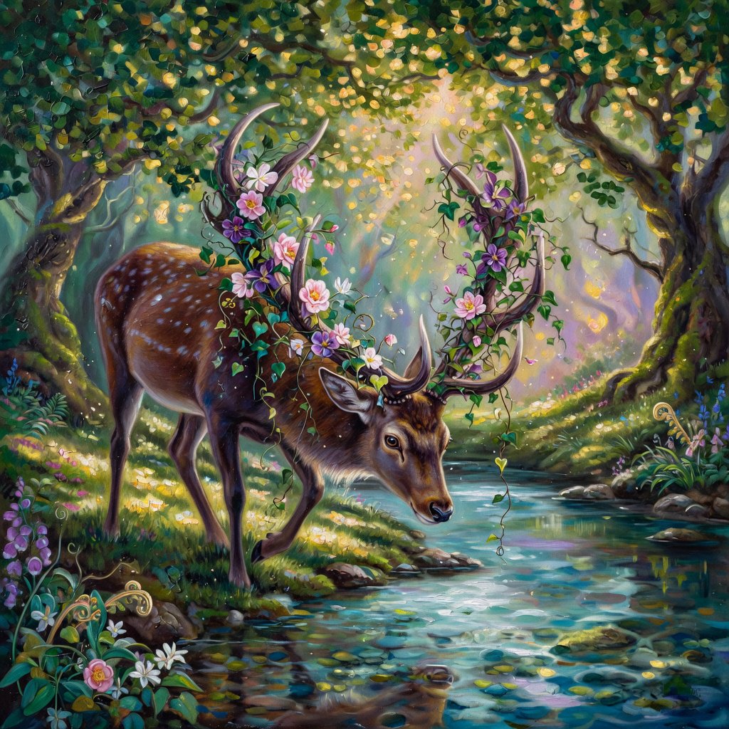 A majestic deer, its antlers intertwined with blooming vines, pauses by a crystal-clear stream in an enchanted glade. Sunlight filters through the canopy, dappling the forest floor. This is an oil painting with a rich, textured surface, capturing the dreamlike atmosphere of the scene. — Grok Imagine Image Quality