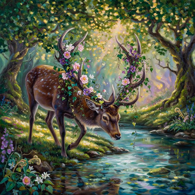 A majestic deer, its antlers intertwined with blooming vines, pauses by a crystal-clear stream in an enchanted glade. Sunlight filters through the canopy, dappling the forest floor. This is an oil painting with a rich, textured surface, capturing the dreamlike atmosphere of the scene. — Grok Imagine Image Quality