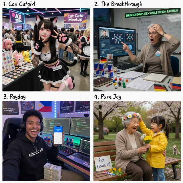 Realistic. Four scenes in one. 1) A pretty Japanese woman, about 19–23 years old, in cat-type cosplay at an anime convention. 2) An old German man or woman, about 60–65 years old, finally having a breakthrough that would change the world. 3) A happy, mixed-race, 21-year-old female or male hacker checking their bank account, which has many zeros, with a bundle of cash near their PC. 4) A happy moment that would make you smile. — Grok Imagine Image Quality
