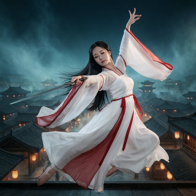 Elegant young adult Chinese female dancer performing a sword dance on a rooftop in ancient China at night, wearing flowing hanfu in primary white with secondary red accents. She leaps high in midair with her body arched backward, sword arm thrust forward, while her other arm rises gracefully above her with the hand forming delicate orchid fingers. Frontal three-quarter view, long black hair and sleeves flowing, expressive elegant pose, lantern-lit ancient city below, glowing rooftops and streets, romantic moonlit atmosphere. — Krea 2 Medium