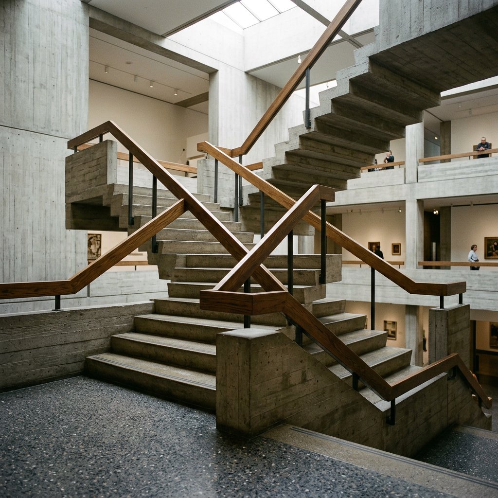 At the heart of a restrained Brutalist museum, a folded concrete stair rises beside smoked-oak handrails and terrazzo landings; skylight washes the treads, seen from the lower landing, with aligned flights and believable supports. — Nano Banana 2.1